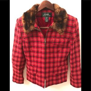 LAUREN By Ralph Lauren red/black/white plaid coat. Faux fir collar